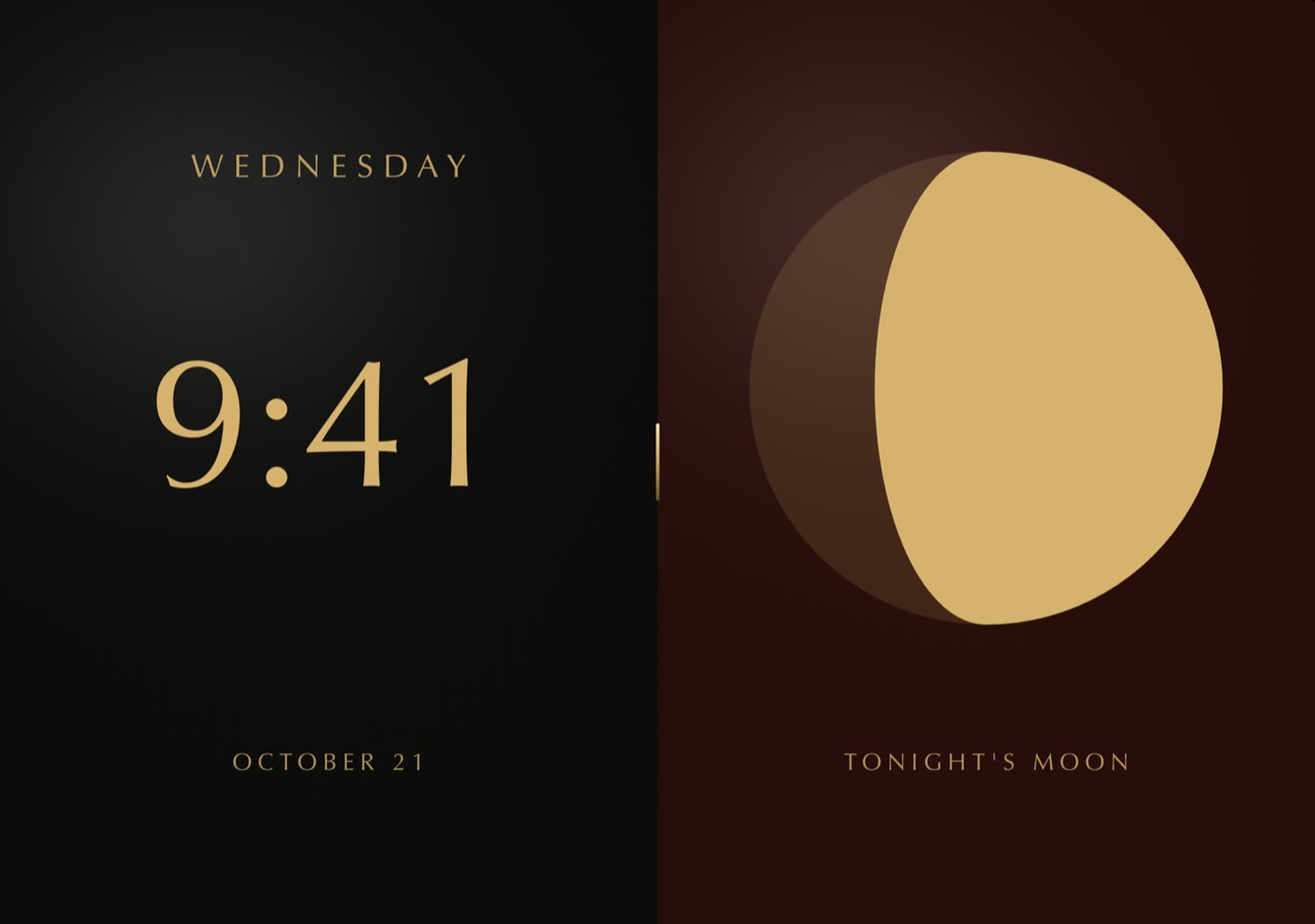 Volet's Lacquer example on the open inner display of iPhone Duo: the time 9:41 in gold on black on the left leaf, tonight's moon on a dark red leaf on the right